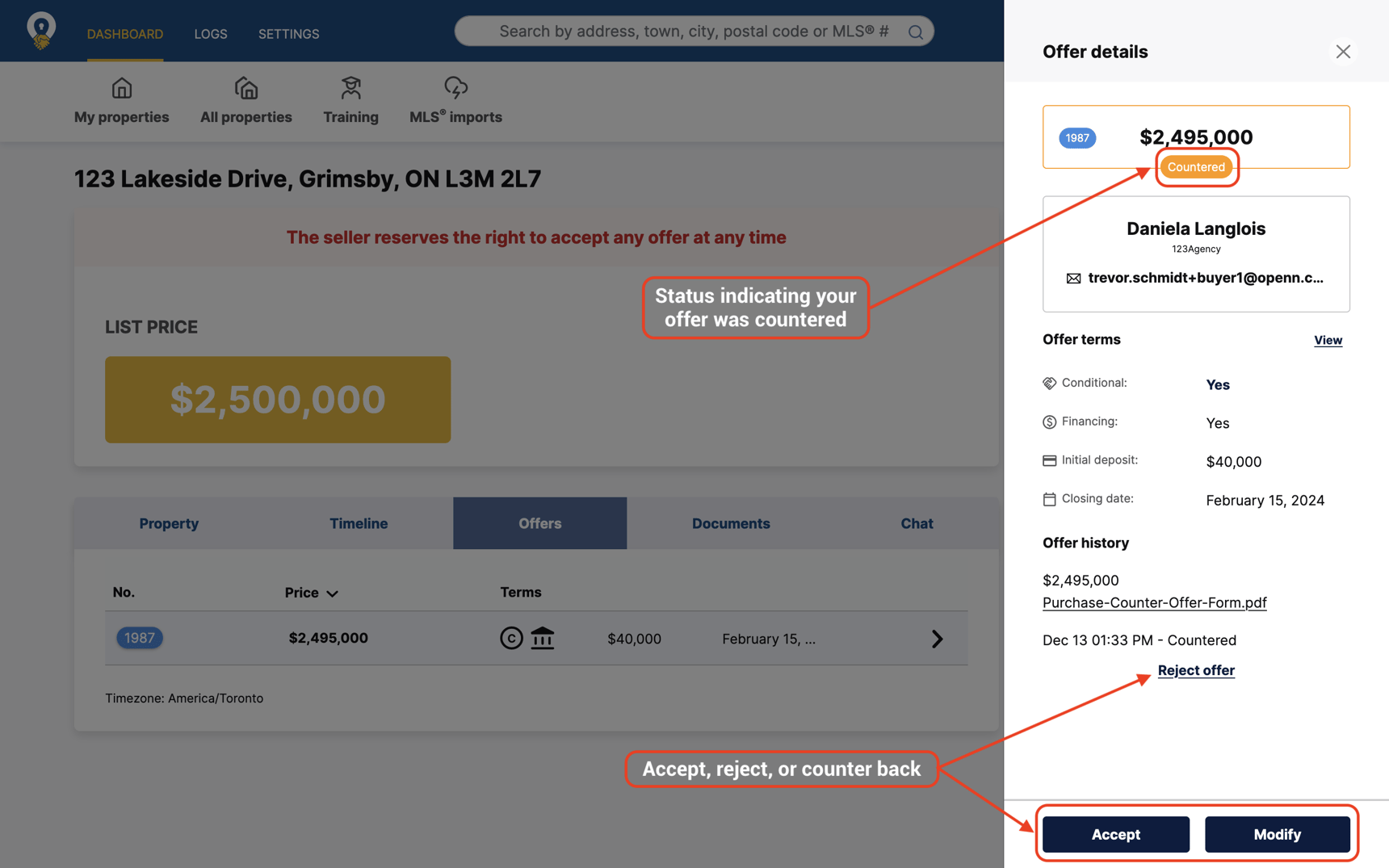 How do I take action on a counteroffer?